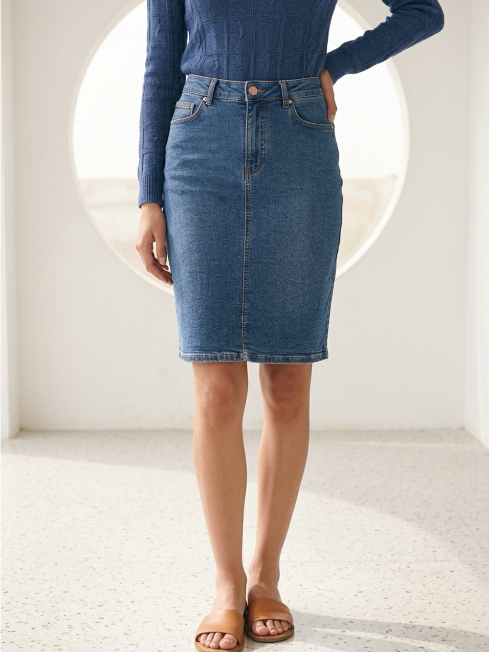 Cydney Mar Mid-Length Blue Denim Button-Front Pencil size S Skirt